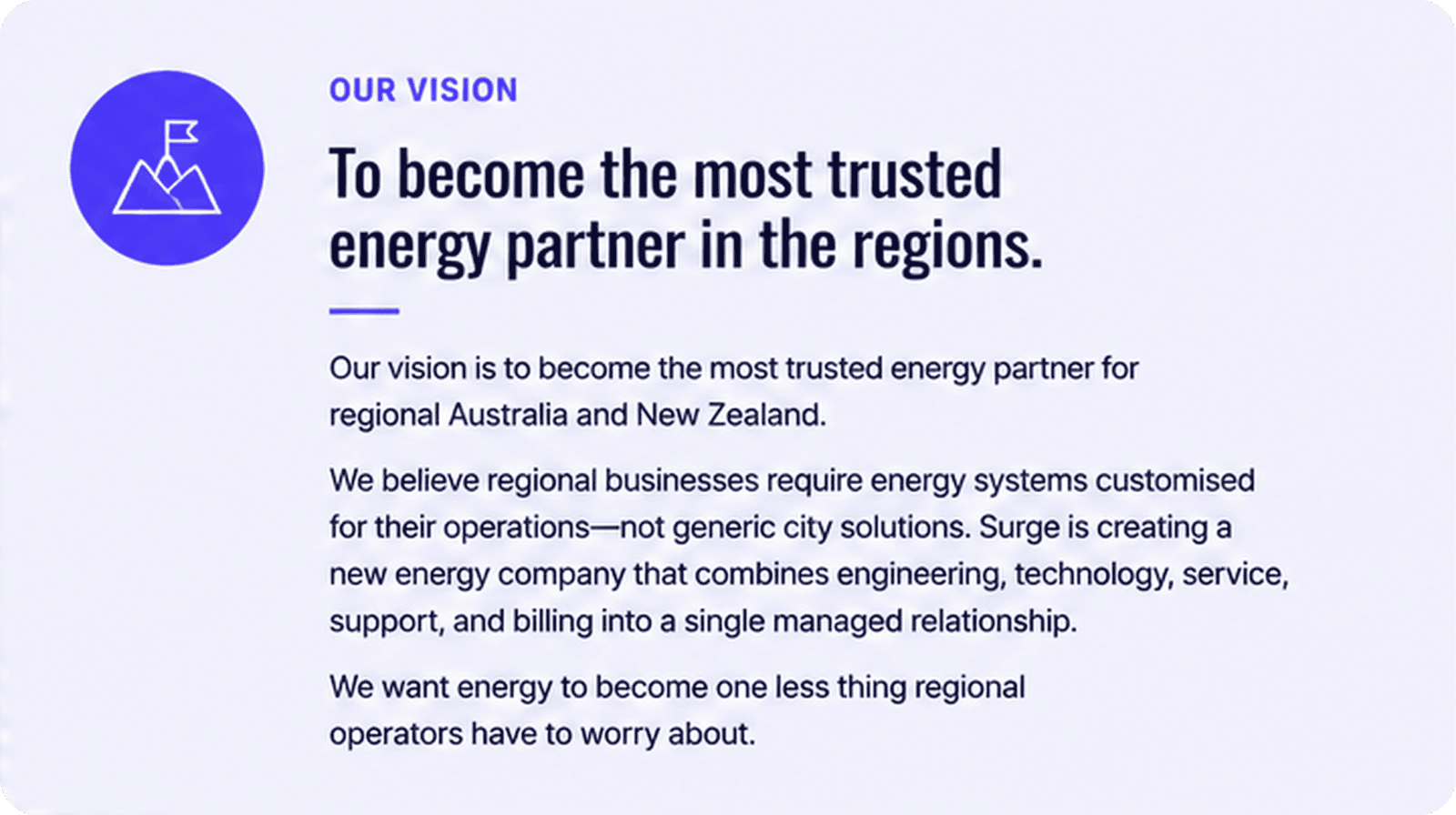 Our vision is to become the most trusted energy partner for regional Australia and New Zealand. We believe regional businesses require energy systems customised for their operations—not generic city solutions. Surge is creating a new energy company that combines engineering, technology, service, support, and billing into a single managed relationship. We want energy to become one less thing regional operators have to worry about.
